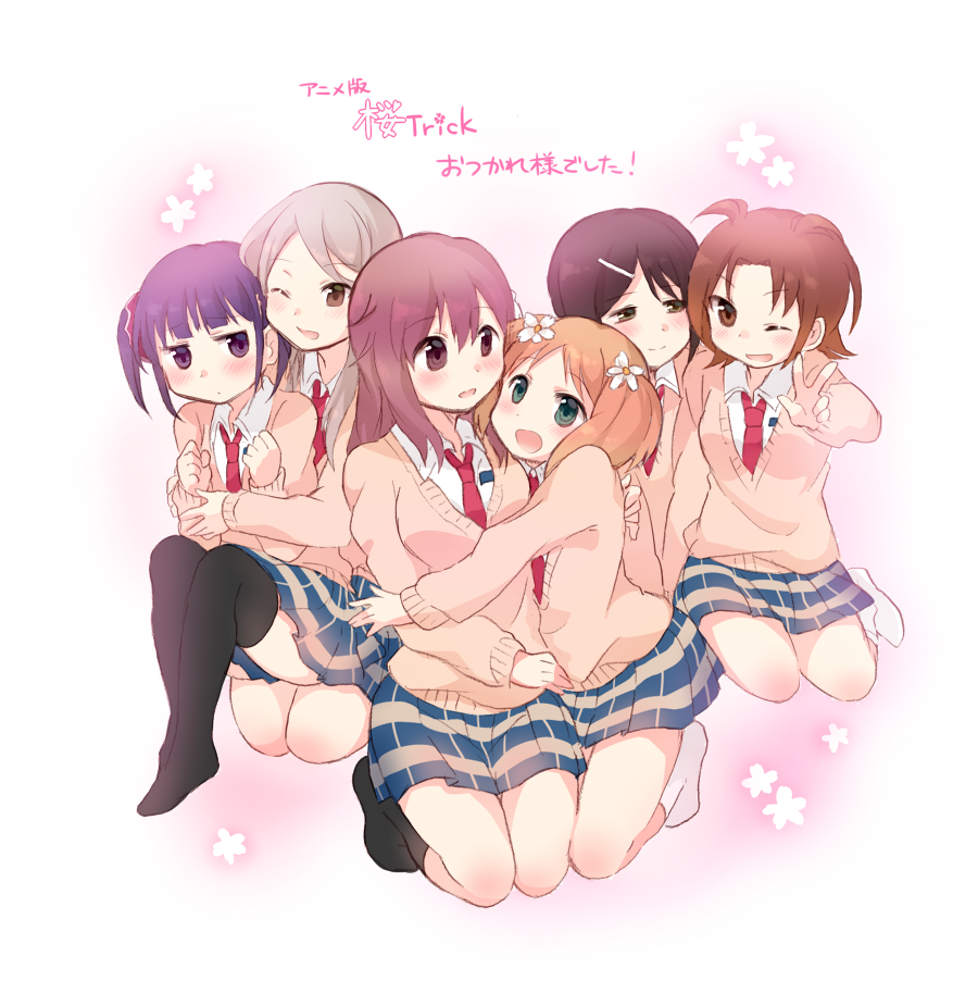 6+girls, black_hair, black_legwear, blush, brown_eyes, brown_hair, copyright_name, flower