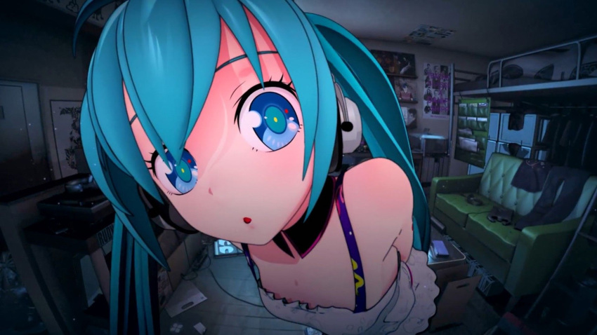1girl, bare_shoulders, blue_eyes, blue_hair, dress, hatsune_miku, headphones, highres, looking_at_viewer, re:dial_(vocaloid), solo, vocaloid, wallpaper, white_dress