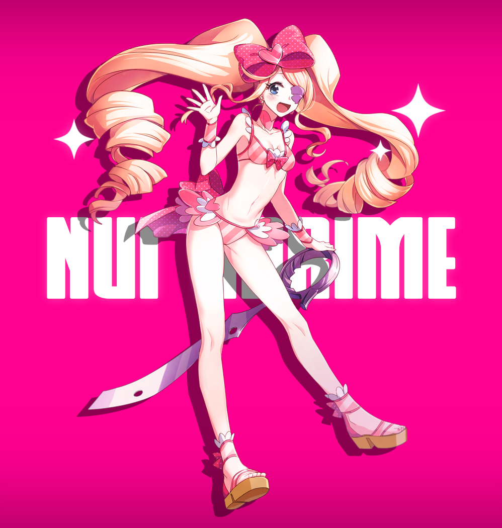 1girl, azure090, bikini, blonde_hair, blue_eyes, bow, character_name, choker, drill_hair, eyepatch, hair_bow, harime_nui, kill_la_kill, long_hair, pink_background, pink_bikini, sandals, scissor_blade, smile, solo, spoilers, standing, striped, striped_bikini, striped_swimsuit, swimsuit, twin_drills, twintails, wrist_cuffs