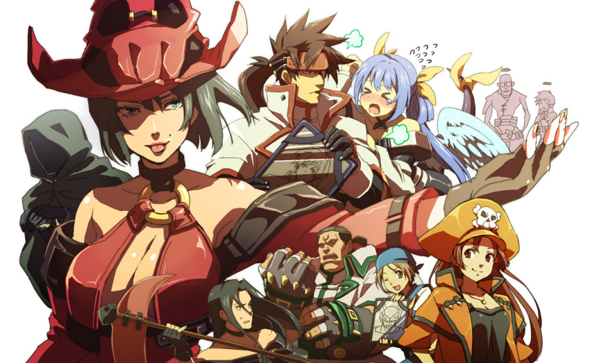 >_<, alternate_costume, ano_otoko, april_(guilty_gear), asymmetrical_wings, bandana, bare_shoulders, belt