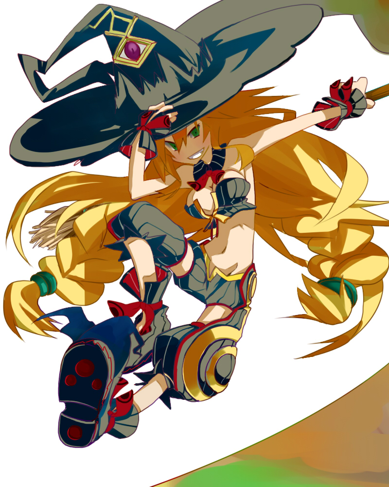 blonde_hair, boots, braid, breasts, broom, green_eyes, hat, iwaserie