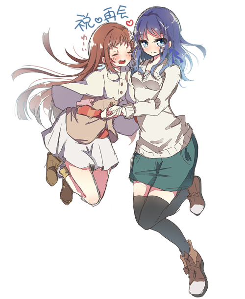 2girls, akako, blue_eyes, blue_hair, brown_hair, capelet, closed_eyes, denim_skirt