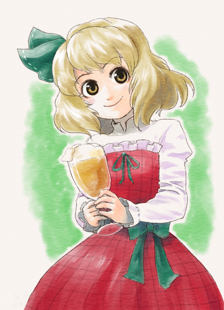 1girl, alcohol, beer, beerko, blonde_hair, cup, dress, hair_ornament, kihou_kanshouzai, ribbon, short_hair, simple_background, smile, yellow_eyes