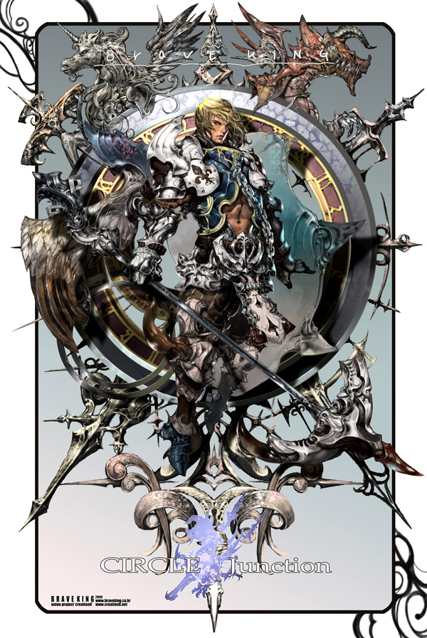 armor, blonde_hair, braveking, dragon, navel, polearm, solo, spear