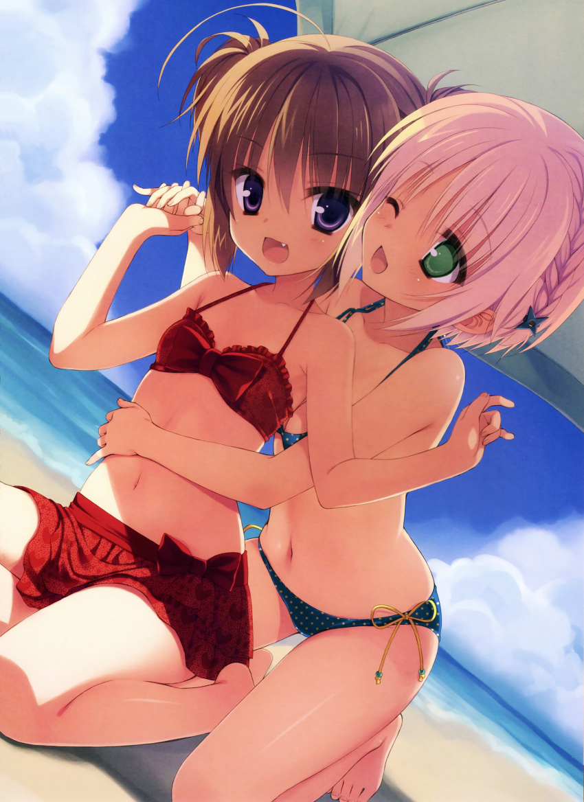 2girls, :d, ;d, absurdres, ahoge, bare_legs, barefoot, beach, bikini, bikini_skirt, blonde_hair, blue_eyes, blue_sky, braid, brown_hair, collarbone, dutch_angle, fang, green_eyes, hair_ornament, halterneck, haruna_(kore_wa_zombie_desu_ka?), highres, holding_hands, kneeling, kore_wa_zombie_desu_ka?, multiple_girls, muririn, navel, open_mouth, polka_dot, polka_dot_bikini, polka_dot_swimsuit, scan, short_hair, side_braid, sitting, sky, small_breasts, smile, swimsuit, two_side_up, wink, yoshida_yuki