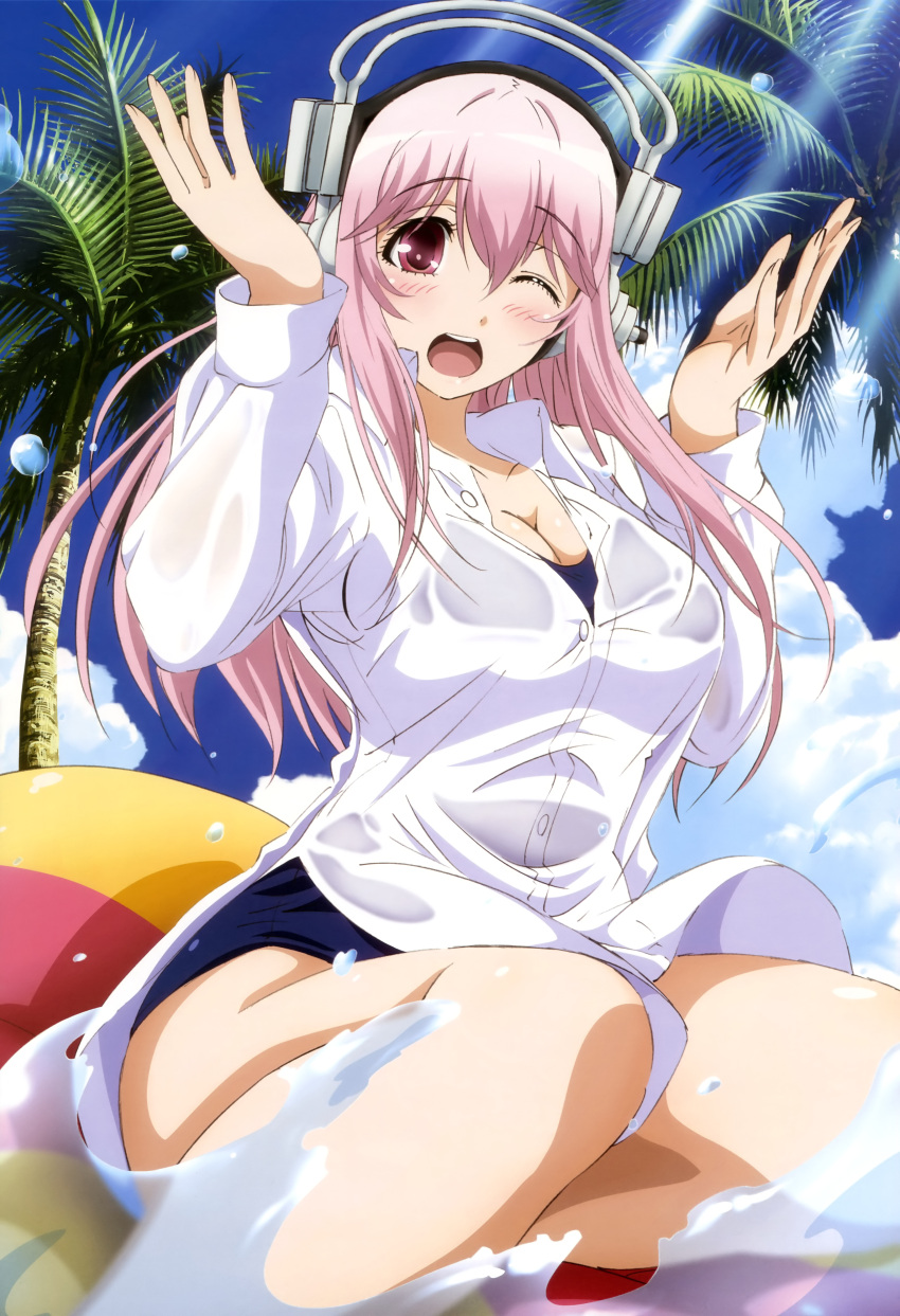 1girl, absurdres, blush, breasts, cleavage, clouds, headphones, highres