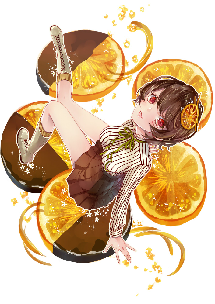 1girl, boots, brown_hair, chocolate, food, food_as_clothes, food_themed_clothes, from_above