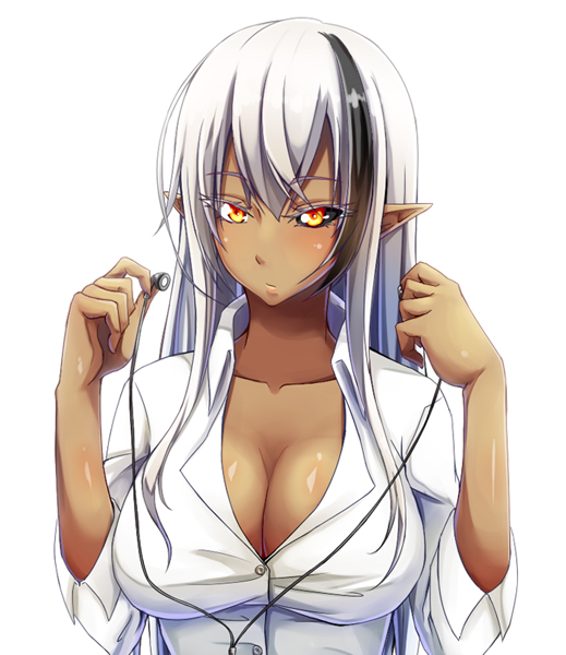 1girl, black_hair, black_sclera, breasts, cleavage, dark_elf, dark_skin, dream_demon, dress_shirt, earphones, earphones, elf, large_breasts, long_hair, looking_at_viewer, multicolored_hair, original, pointy_ears, shirt, simple_background, solo, two-tone_hair, white_background, white_hair, yellow_eyes
