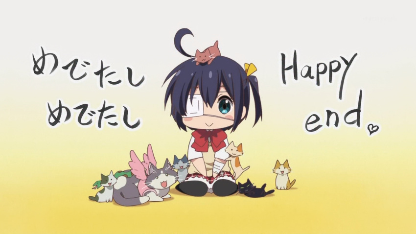1girl, ahoge, blue_eyes, blush_stickers, cat, chibi, chimera_(chuu2koi), chuunibyou_demo_koi_ga_shitai!