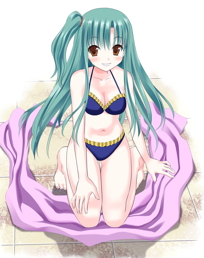 1girl, bikini, brown_eyes, green_hair, grin, kanmimi, kneeling, long_hair