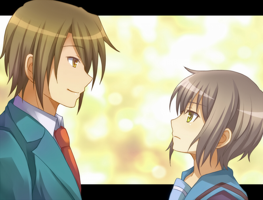 1boy, 1girl, brown_hair, cardigan, eye_contact, grey_hair, kiyune_(kiyune_00), koizumi_itsuki, looking_at_another, nagato_yuki, school_uniform, short_hair, suzumiya_haruhi_no_yuuutsu, yellow_eyes