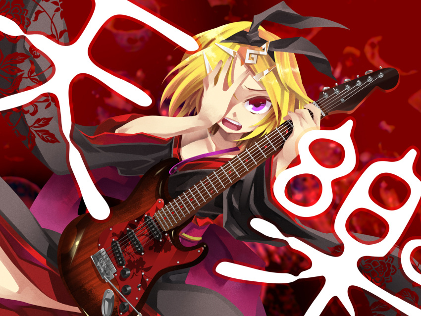 guitar, hair_bow, hair_ornament, hair_ribbon, hairclip, hand_over_face, highres, instrument, japanese_clothes, kagamine_rin, kimono, negi_(ulogbe), open_mouth, pink_eyes, purple_eyes, ribbon, short_hair, solo, tengaku_(vocaloid), ulogbe, vocaloid, wallpaper
