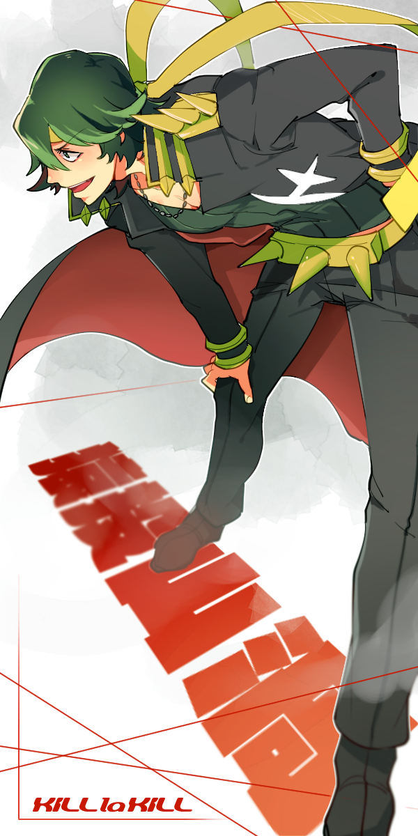 1boy, bent_over, green_hair, headband, highres, kill_la_kill, long_coat, makino_bunny