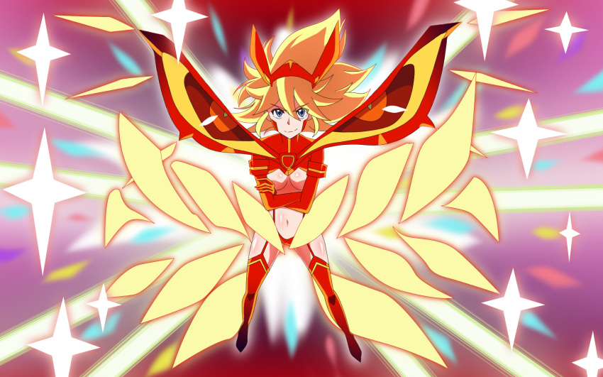 1girl, blonde_hair, blue_eyes, boots, breasts, crossed_arms, headgear, highres, kill_la_kill, mai_(shayu345), matoi_ryuuko, matoi_ryuuko_(senketsu_kisaragi), navel, revealing_clothes, senketsu, senketsu-kisaragi, senketsu_kisaragi, solo, sparkle, spoilers, suspenders, symbol-shaped_pupils, thigh-highs, thigh_boots, under_boob