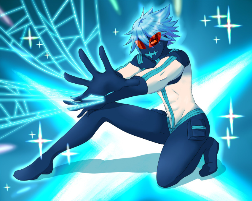 1boy, abs, aura, blue_hair, bodysuit, digital_dissolve, gloves, inumuta_houka