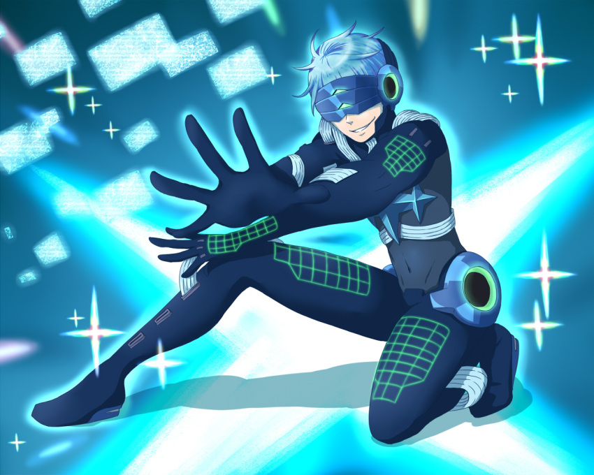 1boy, blue_hair, bodysuit, cable, digital_dissolve, inumuta_houka, june_mina, kill_la_kill
