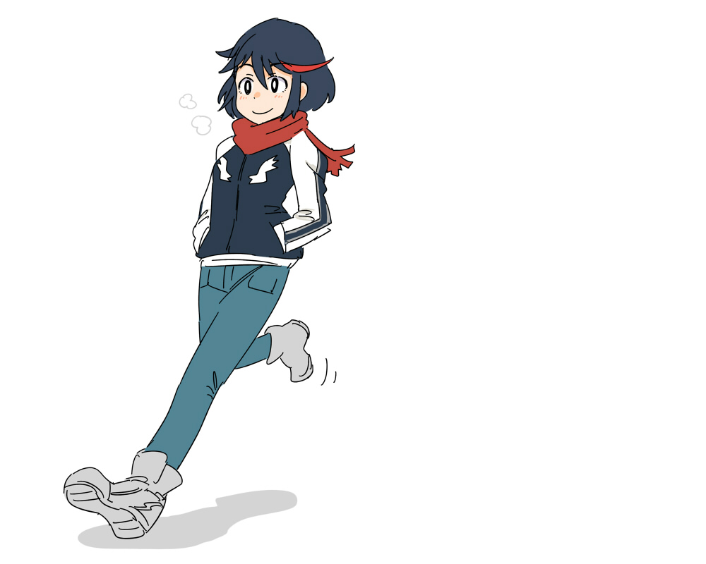 1girl, black_hair, blush, casual, go-gyan-sun, highlights, jeans, kill_la_kill