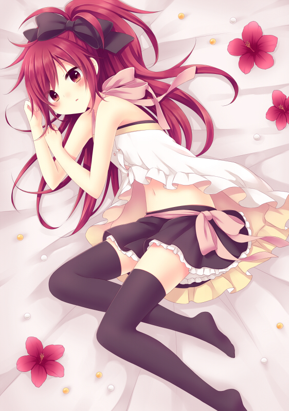 1girl, alternate_costume, amane_kurumi, bed_sheet, black_legwear, blush, bow, flower