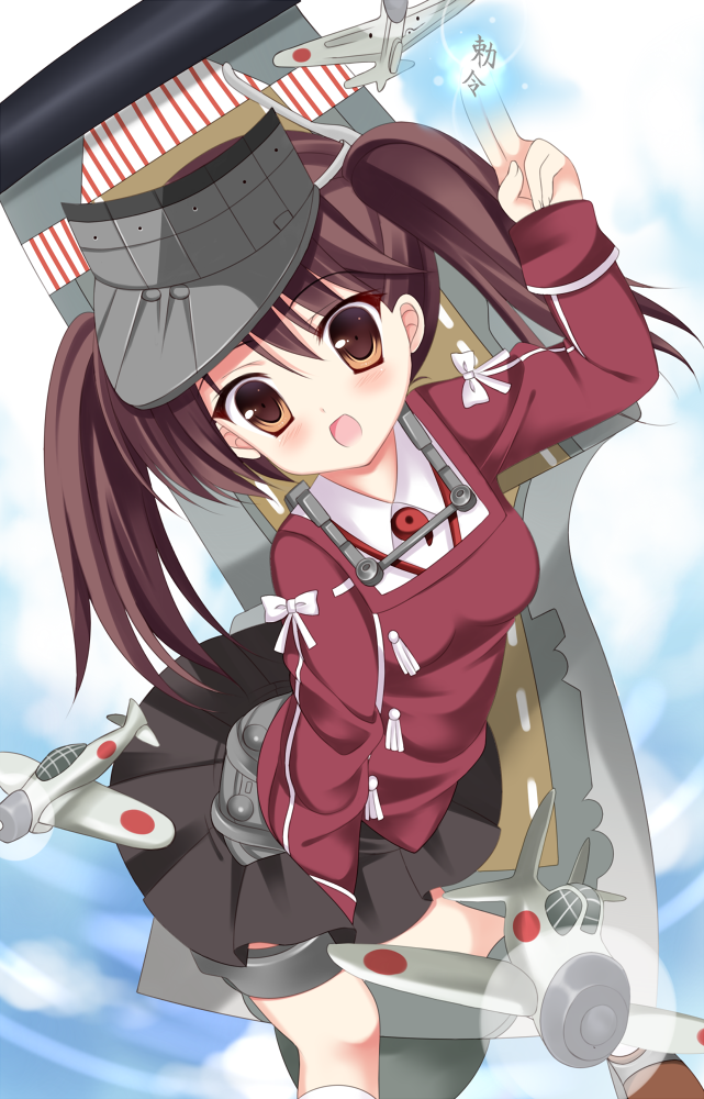 1girl, airplane, brown_eyes, brown_hair, kantai_collection, kurusu_ren, long_hair, open_mouth