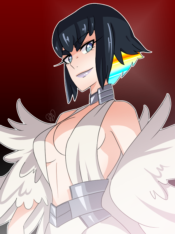 1girl, breasts, cleavage, kill_la_kill, kiryuuin_ragyou_(cosplay), kiryuuin_satsuki, lipstick, multicolored_hair, short_hair, smile, solo