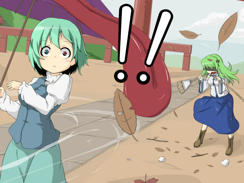 2girls, aqua_eyes, aqua_hair, breaking, broom, emanon, green_hair, karakasa_obake