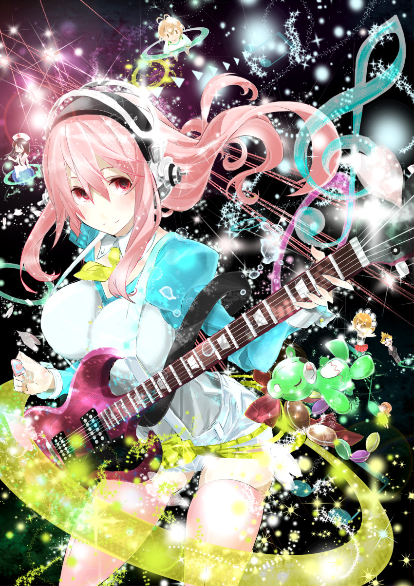 1boy, 4girls, black_hair, blush, breasts, brown_hair, electric_guitar, fujimi_suzu, guitar, haziketti, headphones, highres, instrument, kitamura, large_breasts, long_hair, looking_at_viewer, multiple_girls, nitroplus, oni_mask, orange_hair, pink_hair, red_eyes, satsurikuin_ouka, skindentation, smile, space, super_sonico, thighhighs, watanuki_fuuri