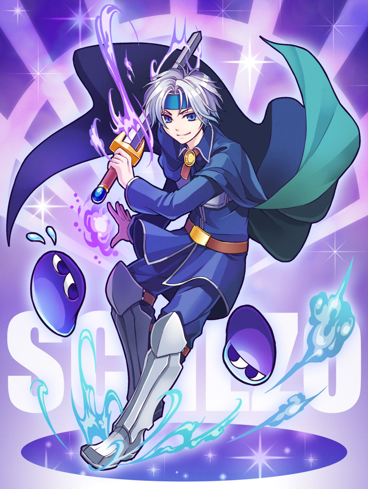 1boy, armor, blob, blue_eyes, boots, cape, character_name, greaves, headband, knee_boots, madou_monogatari, magic, male, nitro_suigin, pants, purple_background, puyo_(puyopuyo), puyopuyo, schezo_wegey, smile, solo, sword, weapon, white_hair