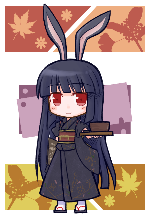 1girl, animal_ears, chibi, japanese_clothes, kimono, long_hair, original, rabbit_ears, red_eyes, smile, solo, tsukimi_(yukinagi), tsukimi_shokudouki, yukinagi