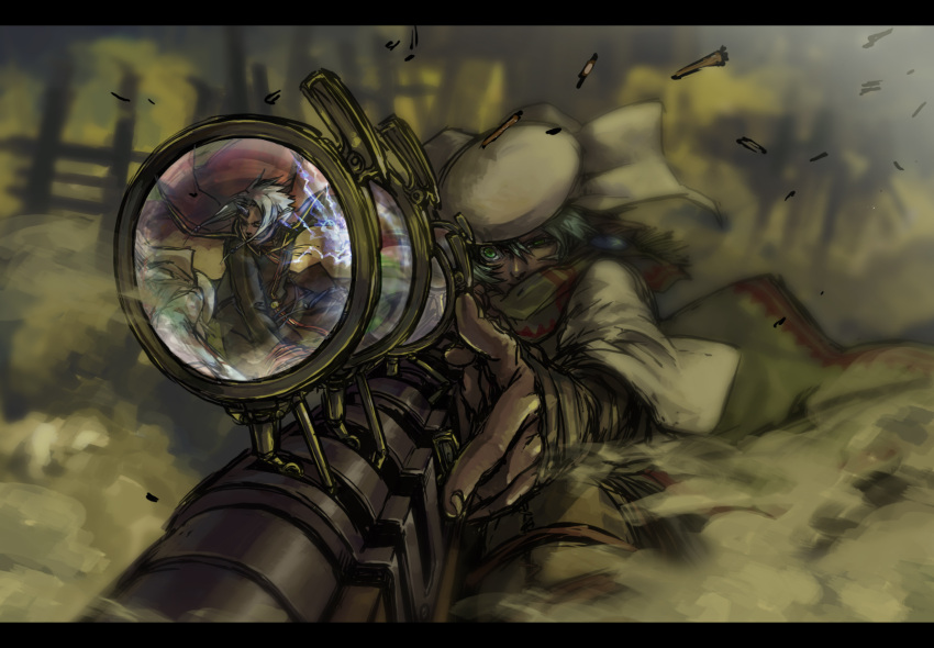 aka_gan_k, akagishi_k, blue_hair, coat, commentary, commentary_request, dust, green_eyes