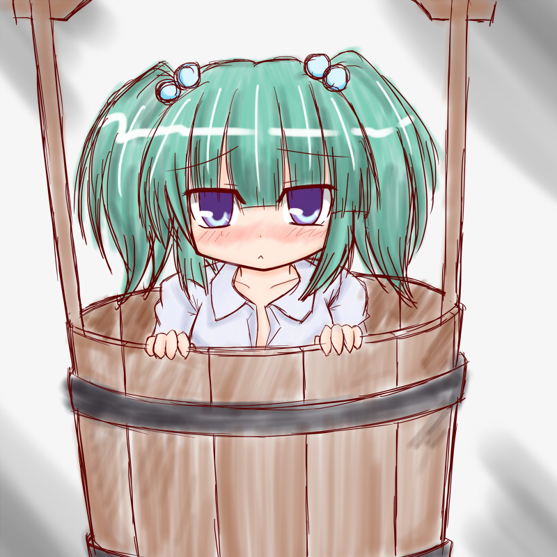 1girl, :<, blue_eyes, blush, bucket, collarbone, frown, gradient