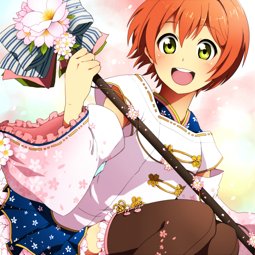 1girl, blush, flower, green_eyes, highres, hoshizora_rin, love_live!_school_idol_project, open_mouth