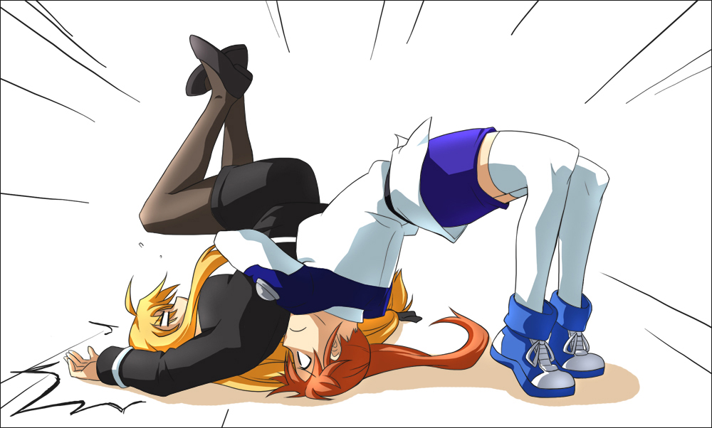 anco_(platanity), blonde_hair, brown_hair, fate_testarossa, german_suplex, long_hair, mahou_shoujo_lyrical_nanoha, mahou_shoujo_lyrical_nanoha_strikers