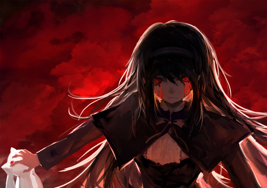 1girl, akemi_homura, black_hair, blackrabbitsoul, blood, bloody_tears, homulilly, kyubey