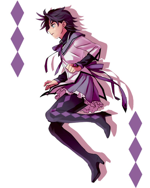 1boy, akemi_homura, akemi_homura_(cosplay), argyle, argyle_legwear, black_hair, caesar_anthonio_zeppeli, cosplay