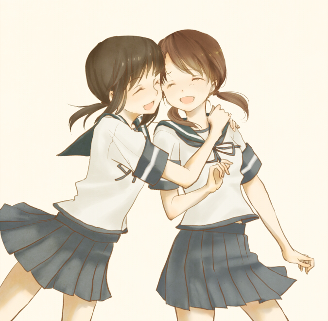 2girls, black_hair, brown_eyes, brown_hair, closed_eyes, fubuki_(kantai_collection), kantai_collection, multiple_girls, neckerchief, open_mouth, personification, pleated_skirt, ponytail, sai-sai, school_uniform, serafuku, shirayuki_(kantai_collection), short_hair, short_sleeves, skirt, smile, twintails