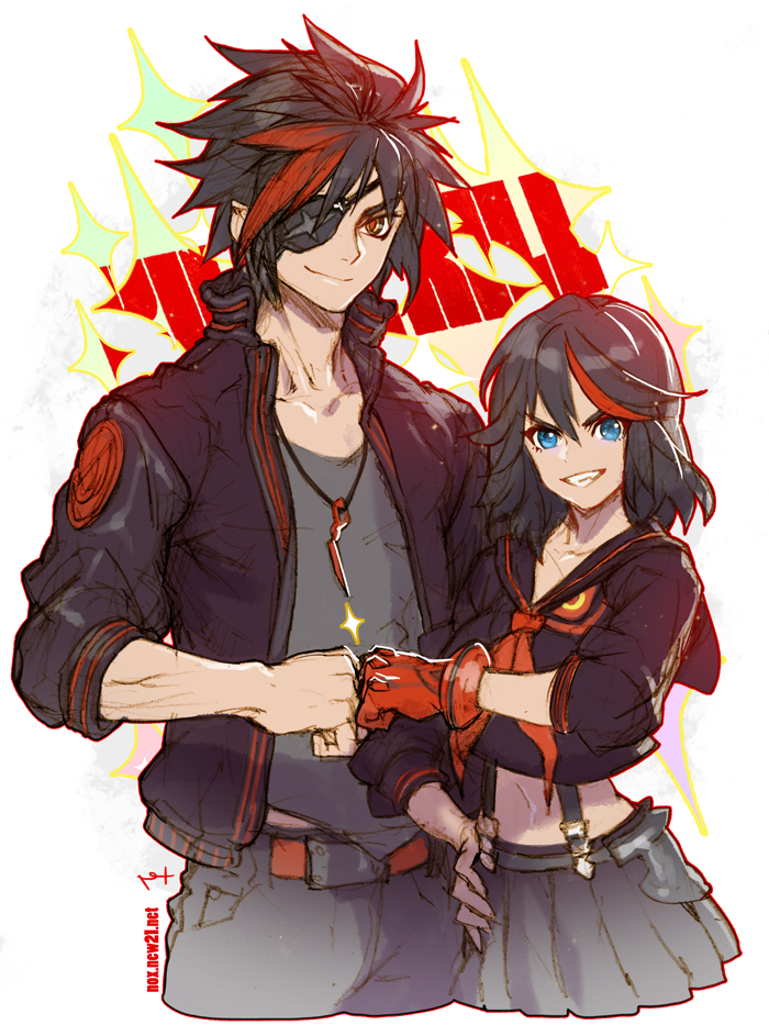 1boy, 1girl, black_hair, black_shirt, black_skin, blue_eyes, eyepatch, gijinka
