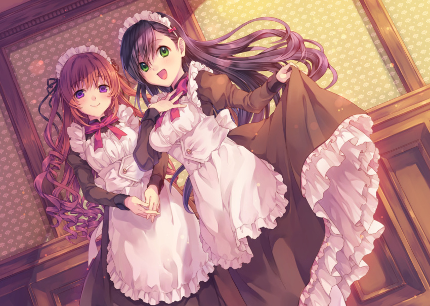 2girls, black_hair, blush, dress, green_eyes, imomu, long_hair, long_sleeves