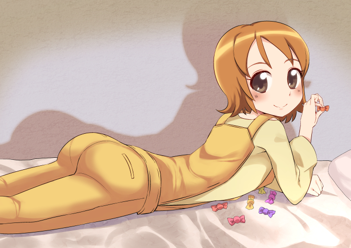 1girl, aratsuka, blush, brown_eyes, brown_hair, happinesscharge_precure!, lying, on_stomach