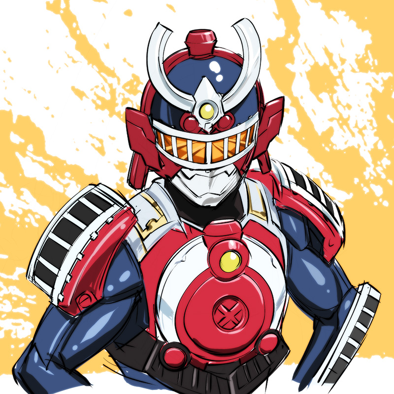 1boy, armor, bust, crossover, helmet, kamen_rider, kamen_rider_gaim, kamen_rider_gaim_(series), male, ressha_sentai_toqger, solo, super_sentai, ueyama_michirou