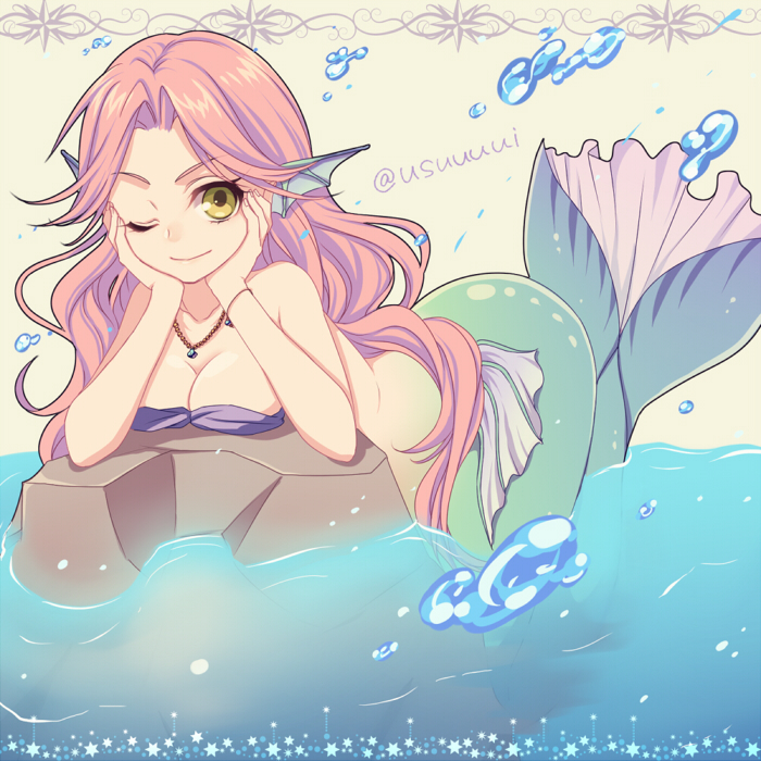 1girl, breasts, chi_yu, cleavage, head_fins, jewelry, long_hair, mermaid
