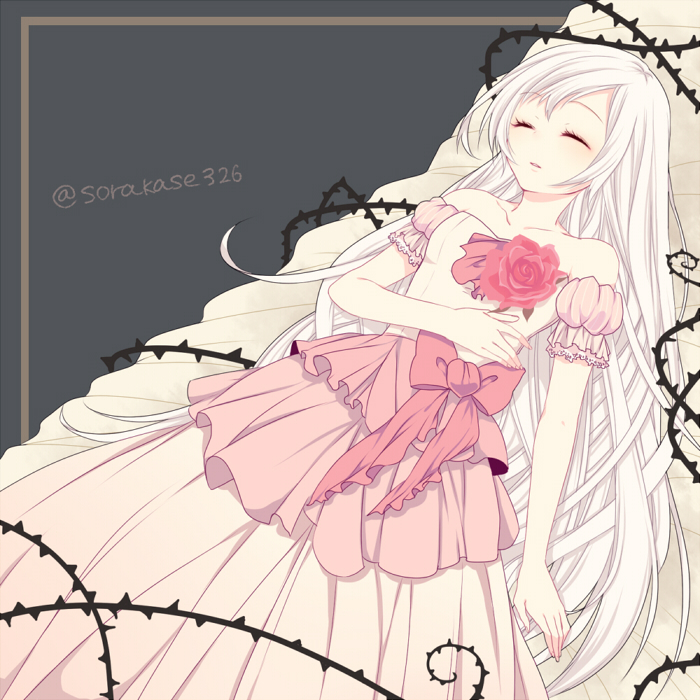1girl, chi_yu, closed_eyes, dress, flower, long_hair, pink_bow, pink_dress
