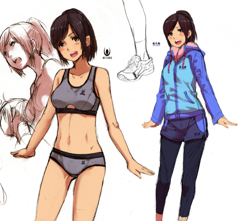 1girl, blush, breasts, brown_eyes, brown_hair, character_profile, gray_bra, gray_panties