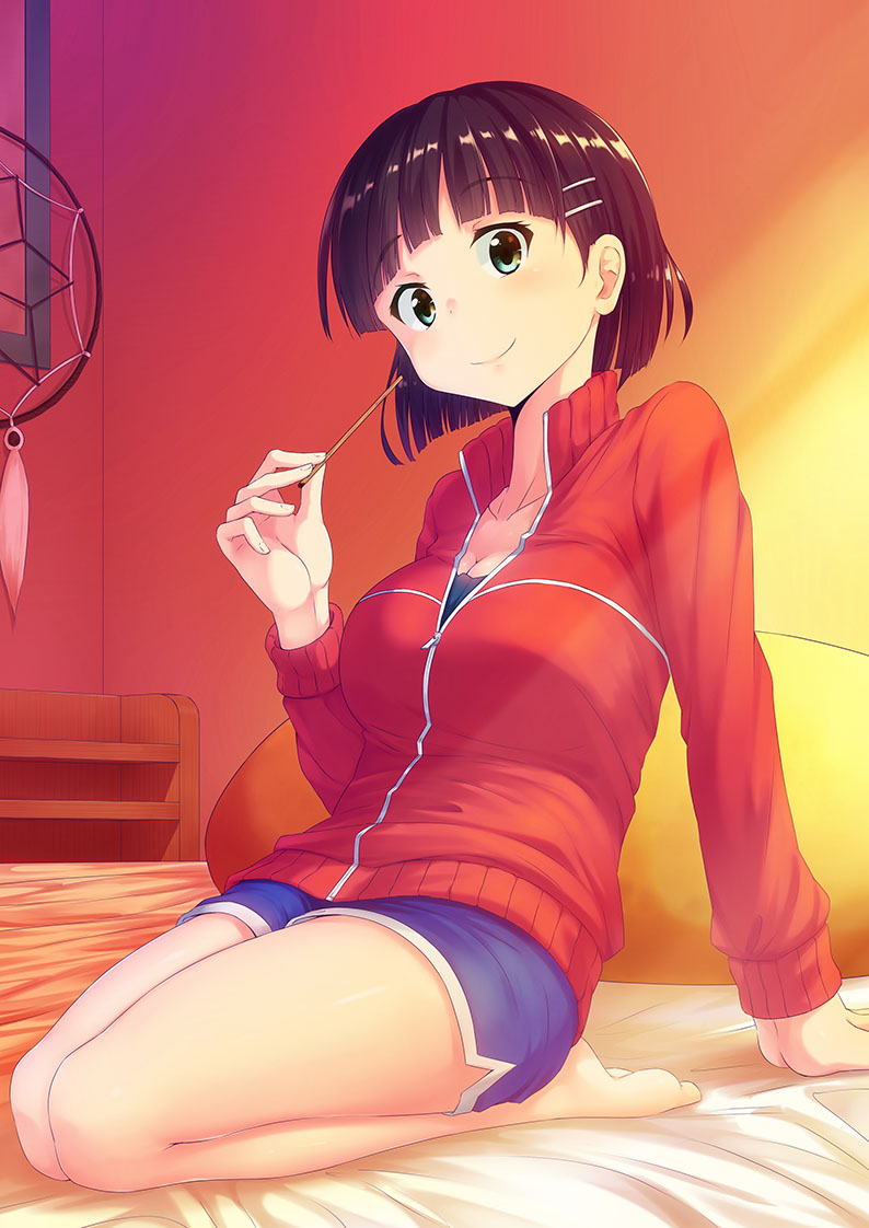 1girl, aqua_eyes, arm_support, black_hair, breasts, dream_catcher, female, jacket