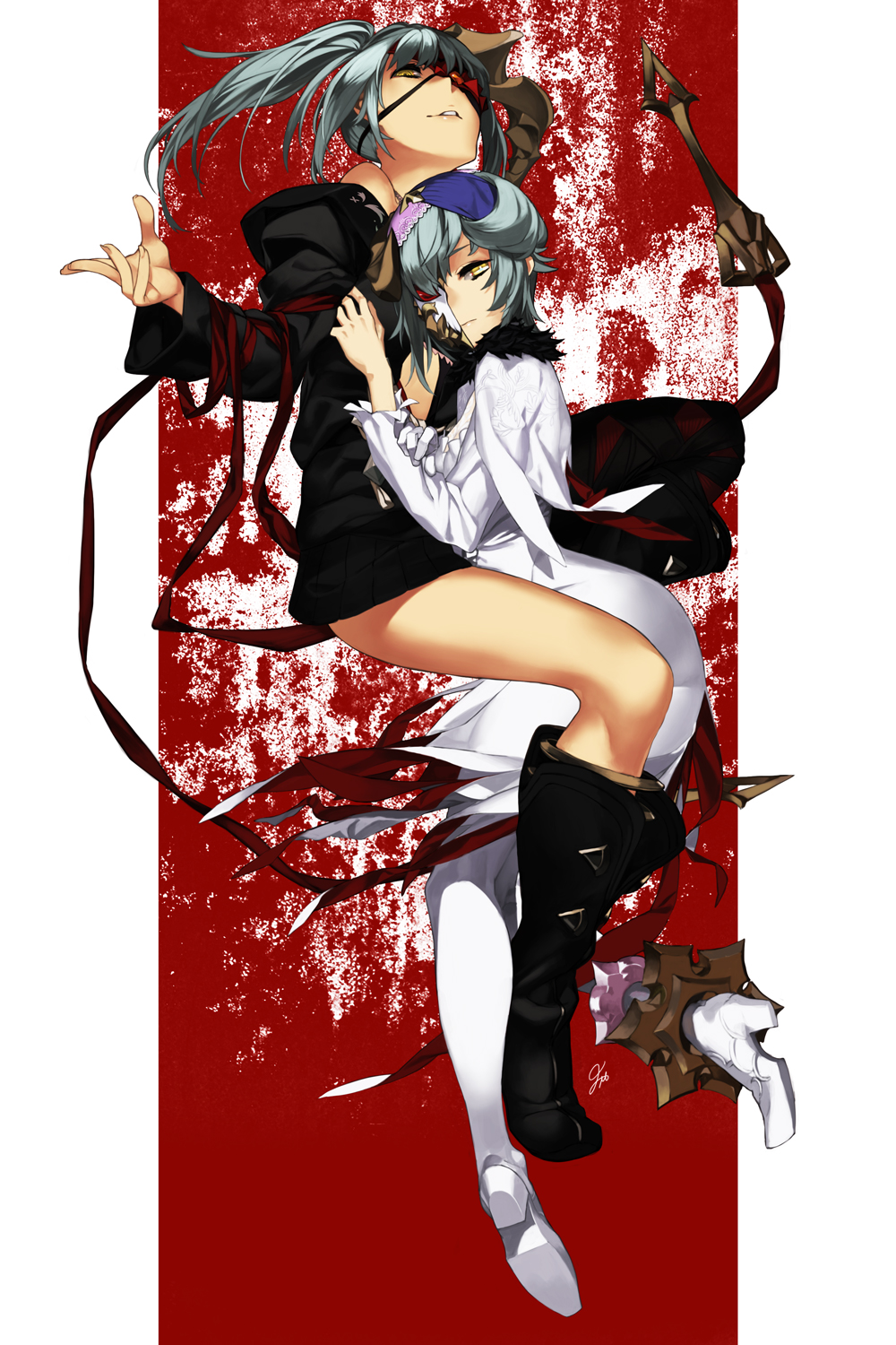 92m, blue_hair, blush, boots, character_request, dress, eyepatch, highres