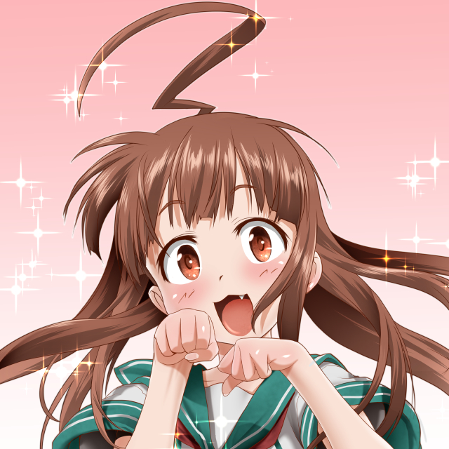 1girl, ahoge, brown_eyes, brown_hair, fang, kantai_collection, kuma_(kantai_collection), long_hair