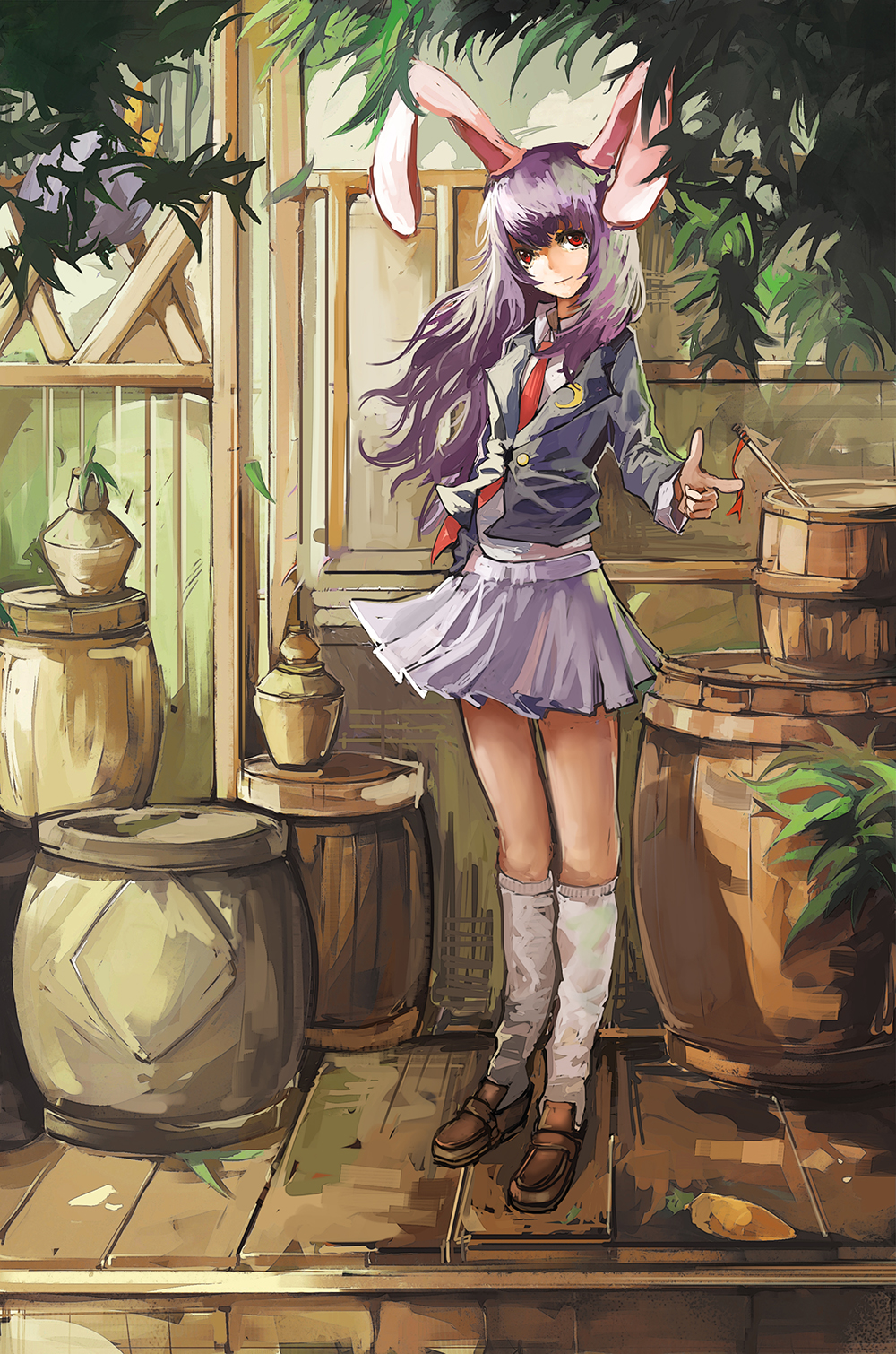 1girl, animal_ears, arm_up, barrel, carrot, crescent, dan_2013, dress_shirt