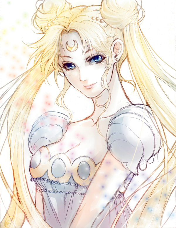 1girl, bishoujo_senshi_sailor_moon, blonde_hair, blue_eyes, collarbone, crescent, double_bun, dress, facial_mark, forehead_mark, long_hair, princess_serenity, smile, solo, tato, tsukino_usagi, twintails, white_background