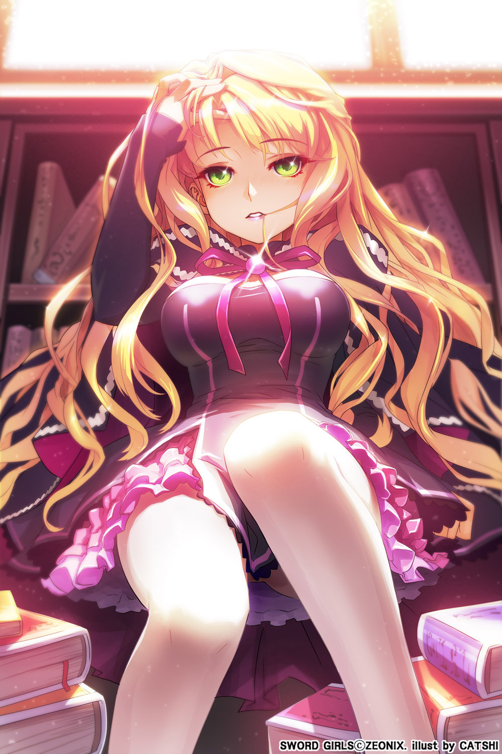 1girl, bangs, blonde_hair, bloom, book, capelet, cat_shi, choker