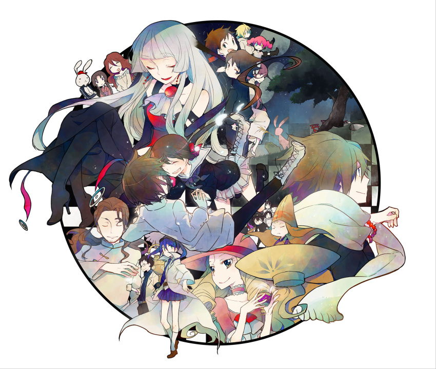 6+boys, 6+girls, :d, a_(kyousougiga), armband, baseball_cap, beads, belt