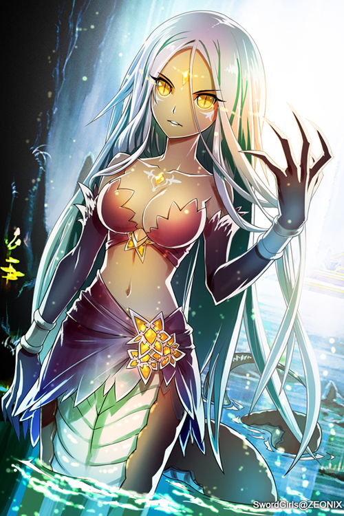 1girl, breasts, cat_shi, claws, cleavage, dark_skin, gem, lamia, large_breasts, long_hair, monster_girl, navel, silver_hair, slit_pupils, solo, sword_girls, water, yellow_eyes